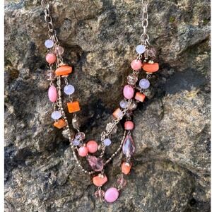 Multistrand Beaded Necklace Pink Coral Boho Statement